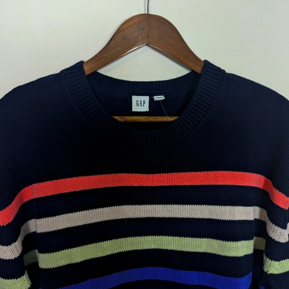 Gap Navy Blue & Stripe Cotton 24/7 Split Hem Oversized Pullover Sweater NEW! - Picture 5 of 10